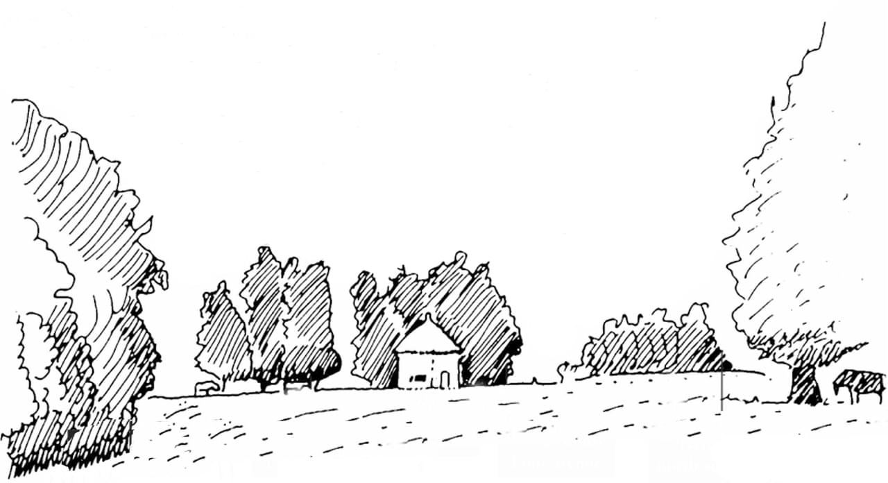 Sketch of the dovecot seen from picture point 3, framed by trees