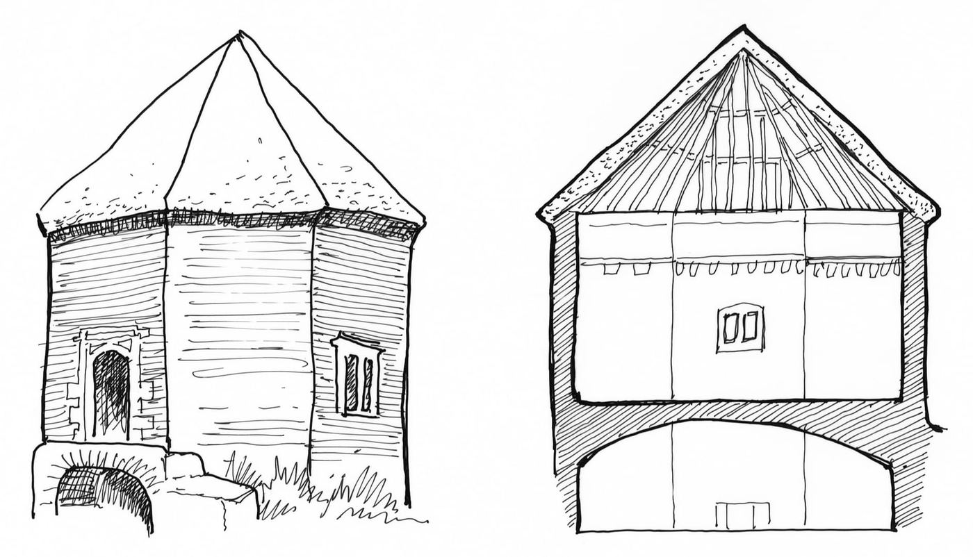 Sketch elevation and cross-section of the octagonal garden pavilion